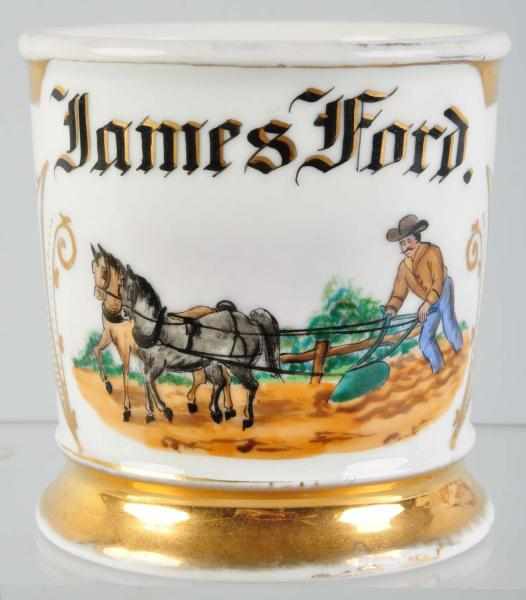 Appraisal: Farmer Plowing with Horses Shaving Mug Description Gilt name James