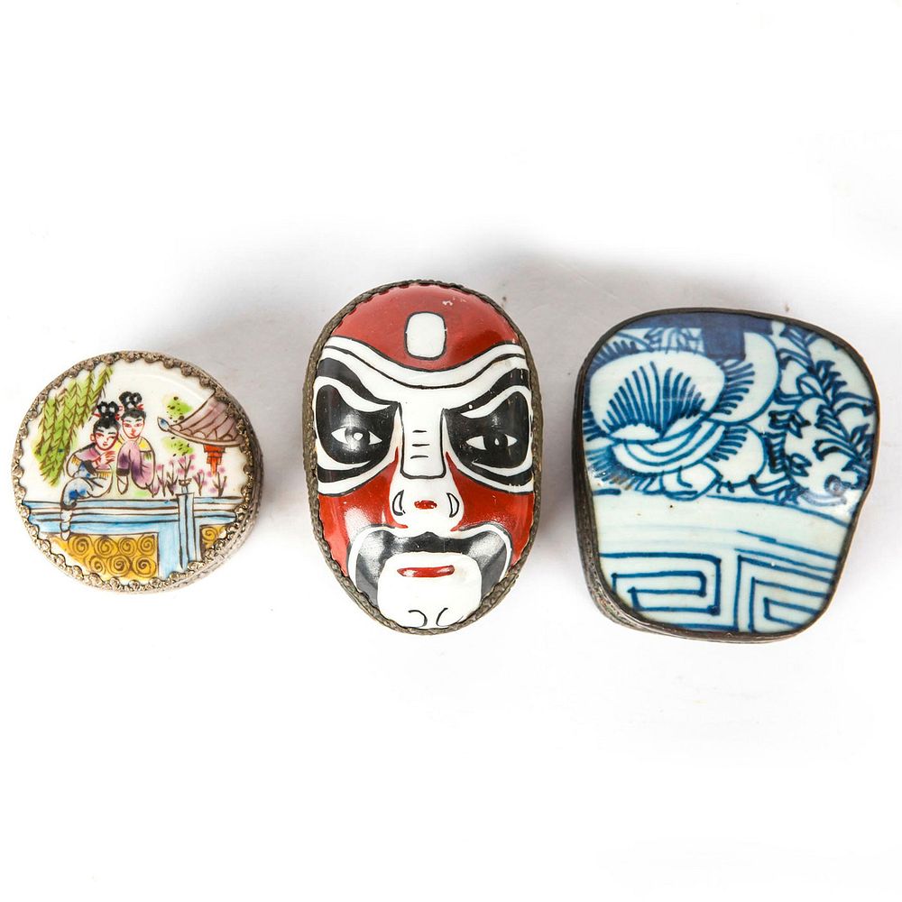 Appraisal: SMALL TH CENTURY ASIAN METAL AND PORCELAIN BOXES Kabuki mask