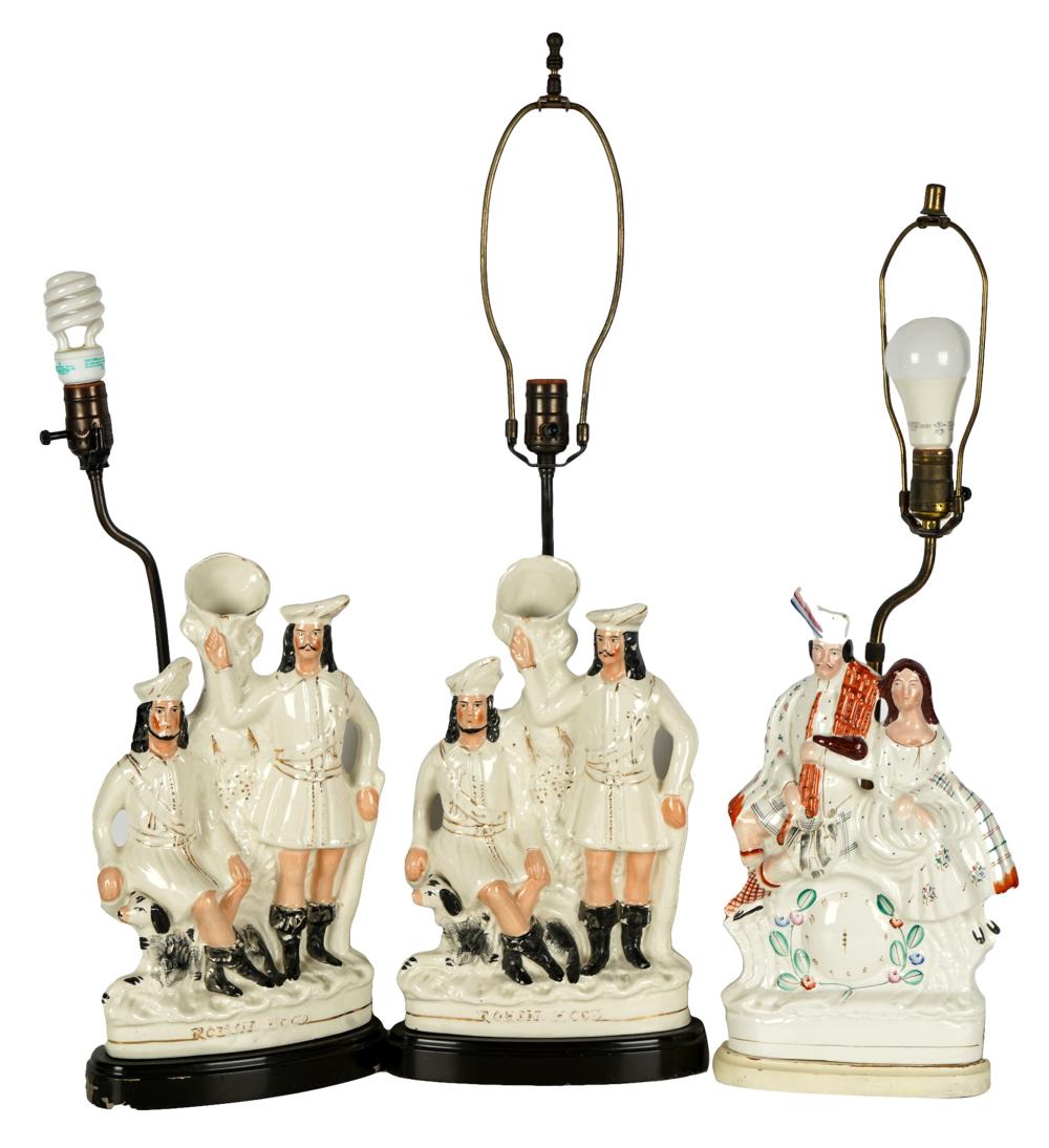 Appraisal: THREE STAFFORDSHIRE POTTERY FIGURESmounted as table lamps Provenance The Estate