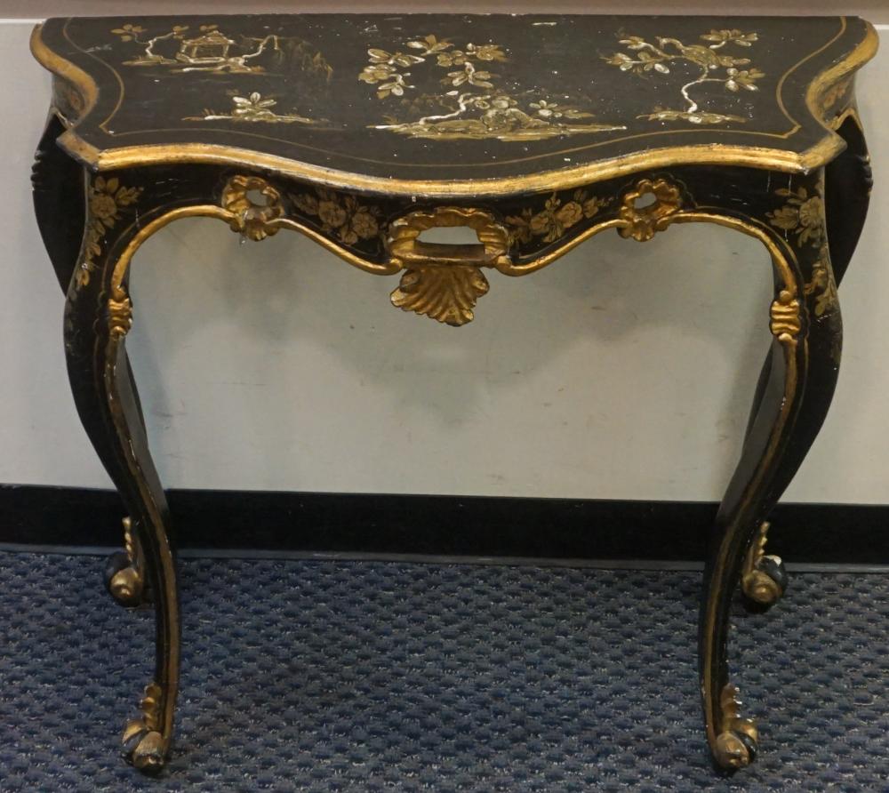 Appraisal: ROCOCO STYLE PARTIAL GILT AND BLACK JAPANNED SERPENTINE CONSOLE TABLE