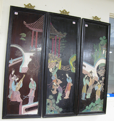 Appraisal: A GROUP OF THREE COROMANDEL DECORATIVE SCREENS each depicting colorful