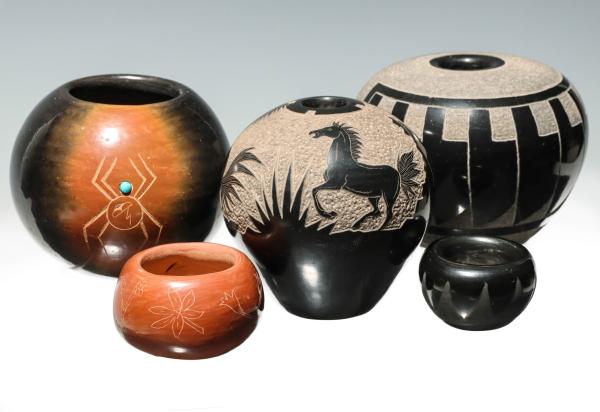 Appraisal: SGRAFFITO CARVED TURQUOISE INLAID PUEBLO POTTERYThe collection of good artist