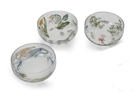 Appraisal: HANNAH WALTON THREE GLASS FINGER BOWLS CIRCA each of circular