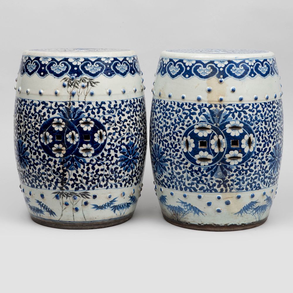 Appraisal: Pair of Chinese Blue and White Porcelain Garden Seats x