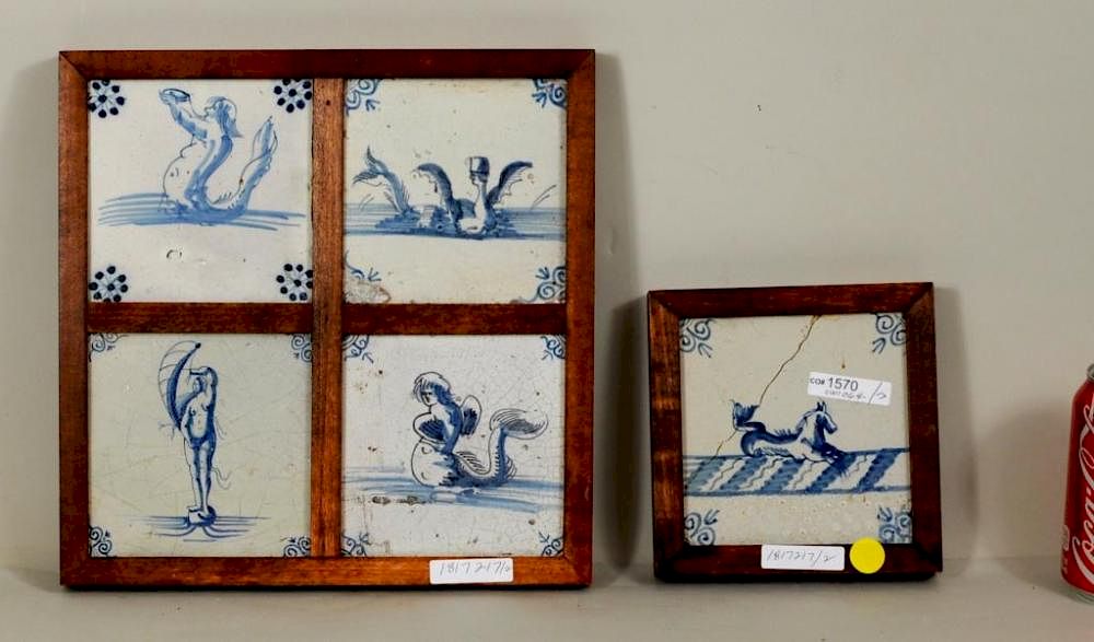 Appraisal: Five Delft Framed Tiles Depicting Sea Creatures Five Delft framed