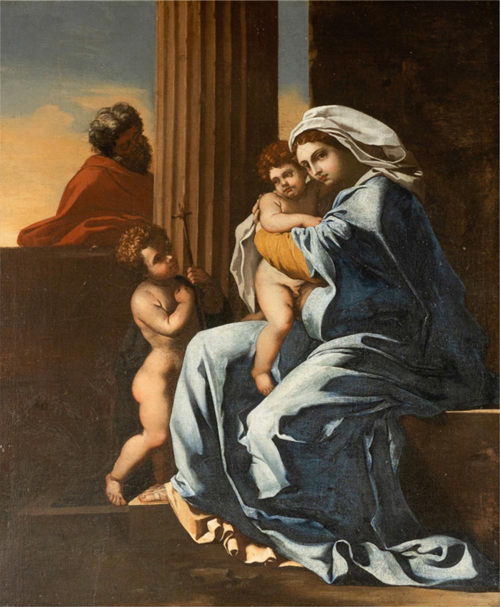 Appraisal: MANNER OF NICOLAS POUSSIN HOLY FAMILY ST JOHNoil on canvas