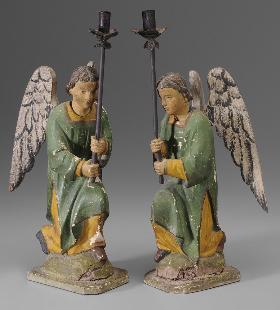 Appraisal: Pair Carved Angel Taper Stands Continental probably Italian th century