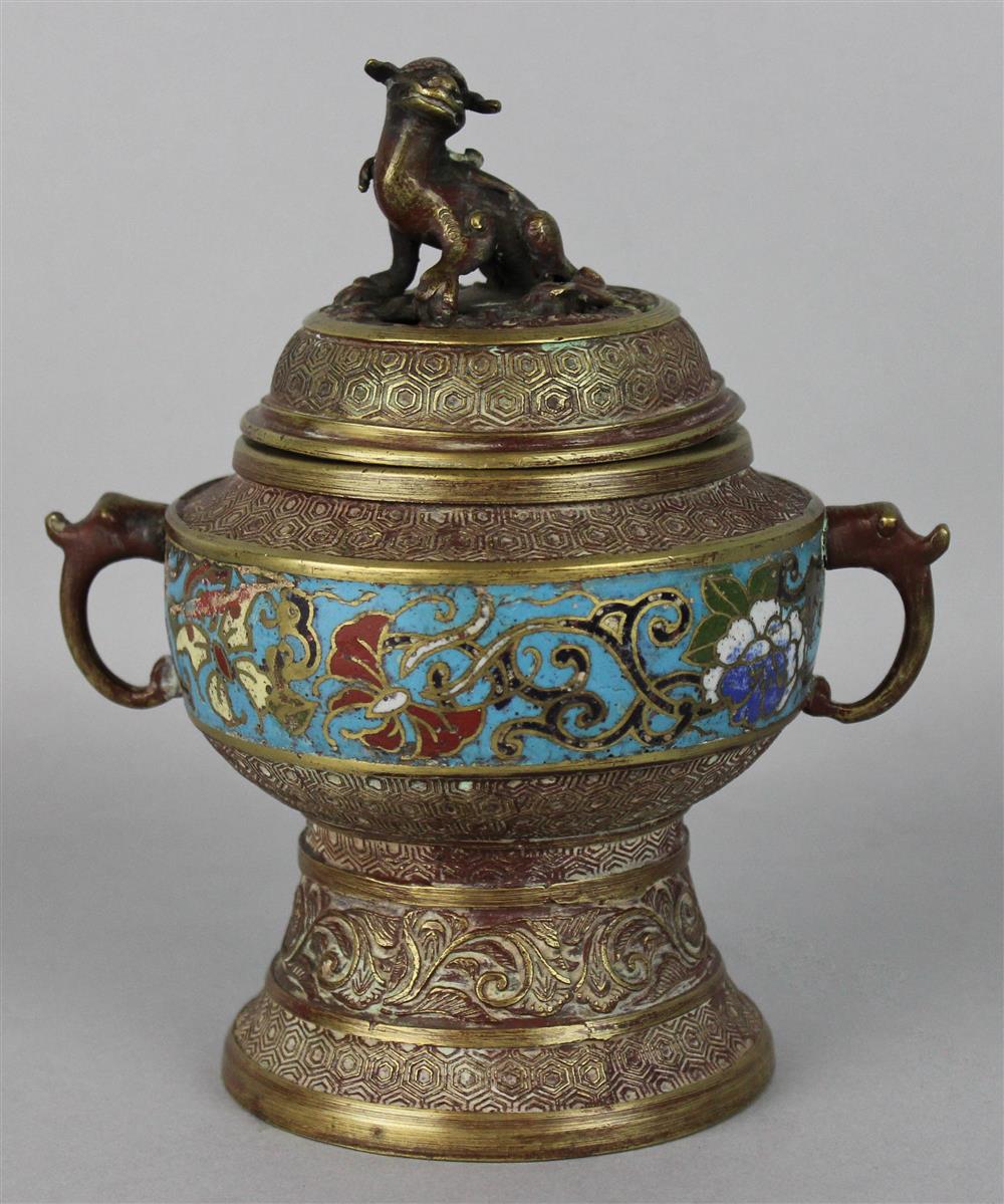 Appraisal: CHINESE CLOISONNE ENAMEL CENSER AND COVER cast of gilt bronze