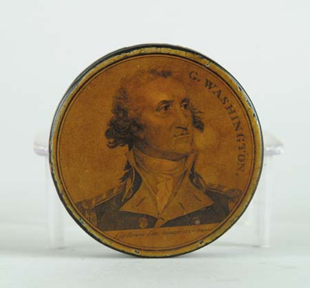 Appraisal: ROUND FRENCH PAPIER-M CH SNUFF BOX WITH WASHINGTON PRINT Cover