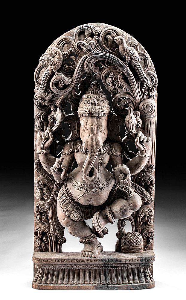 Appraisal: Antique Indian Carved Wood Panel with Ganesha South Asia India