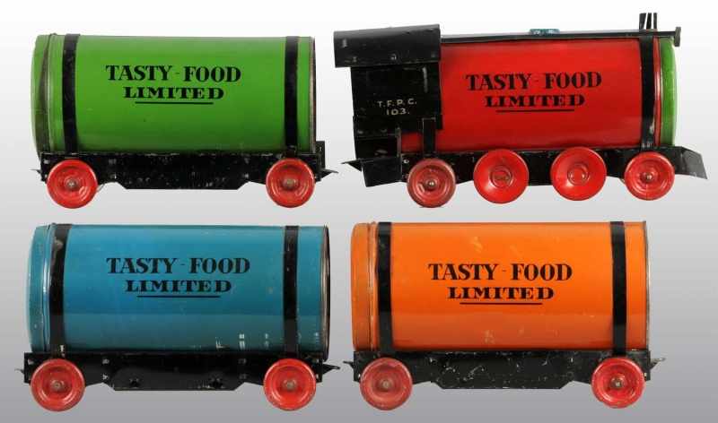 Appraisal: Tin -Piece Tasty Food Toy Train Promotional Item Description Circa