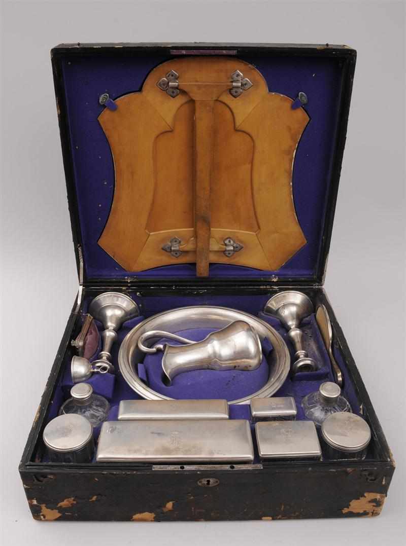 Appraisal: AUSTRIAN MONOGRAMMED SILVER FIFTEEN-PIECE DRESSING TABLE SET IN FITTED TRAVELLING