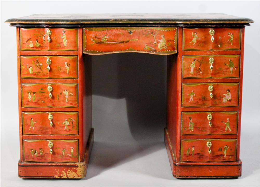 Appraisal: CONTINENTAL CHINOISERIE RED JAPANNED KNEE HOLE DESK having a rectangular