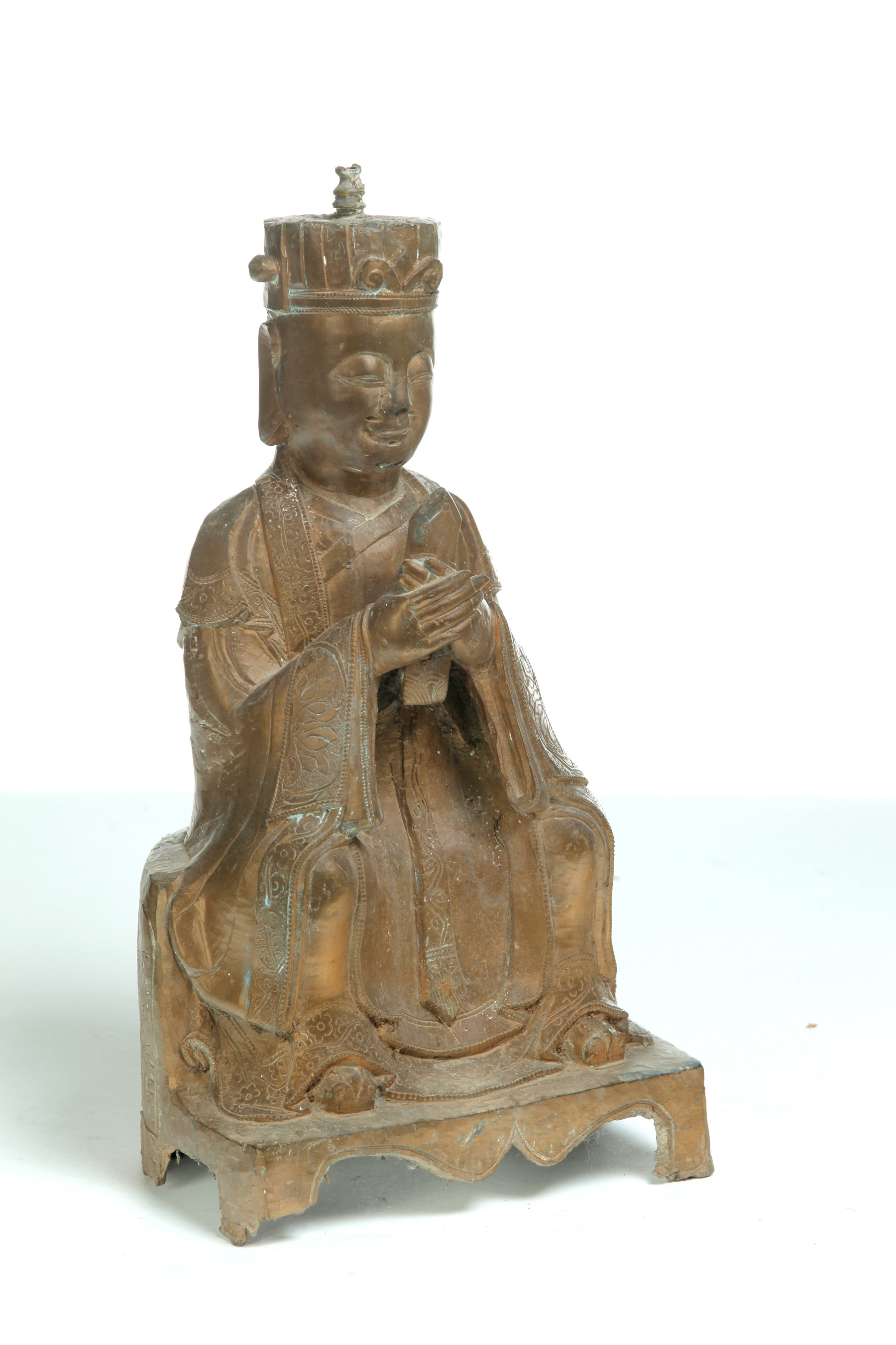 Appraisal: CHINESE BRONZE STATUE Twentieth century Seated official with old gold