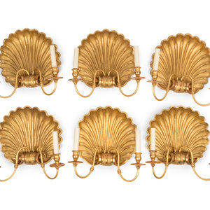 Appraisal: A Set of Six Giltwood Shell-Form Two-Light Sconces th Century