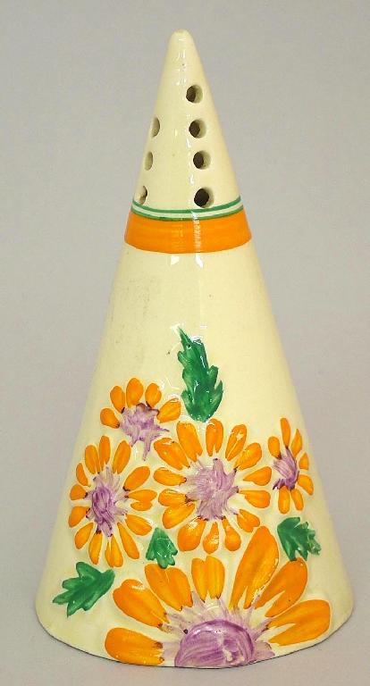 Appraisal: Orange 'Marguerite' Bizarre conical sugar sifter high glaze staining