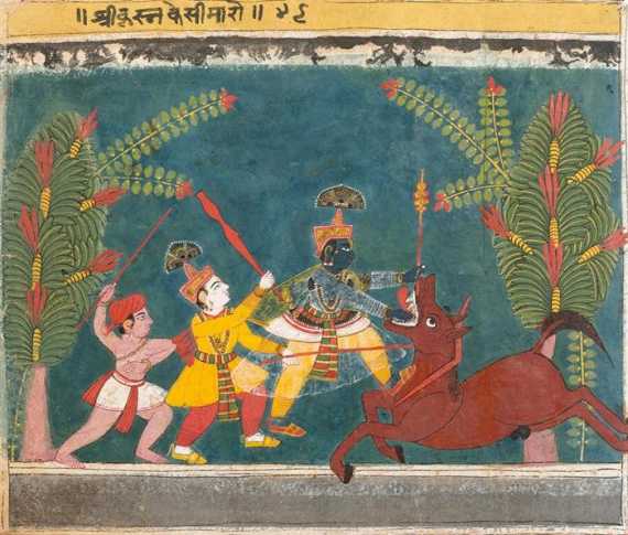 Appraisal: KRISHNA SLAYS THE HORSE DEMON MINIATURE PAINTING India Malwa th