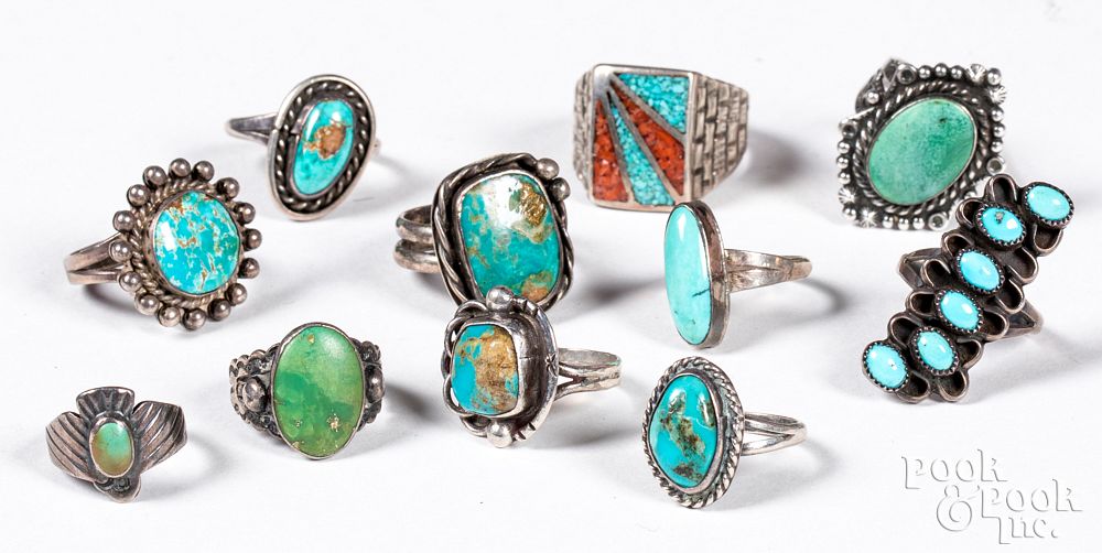 Appraisal: Ten Native American silver and turquoise rings Group of ten