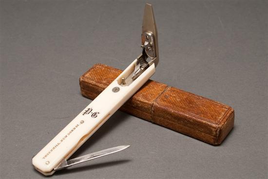 Appraisal: Victorian metal-mounted ivory quill pen cutter late th century with