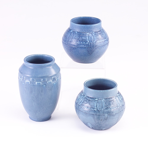 Appraisal: ROOKWOOD Three Production vases covered in blue crystalline matte glaze