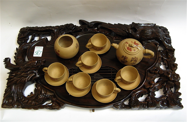 Appraisal: CHINESE ART POTTERY BREAKFAST SET WOOD TRAY pieces the ornate