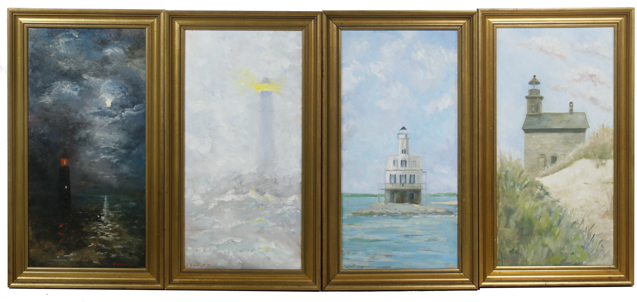 Appraisal: LINDA LOW WOLCOTT ME TH ST C LIGHTHOUSE PAINTINGS Four