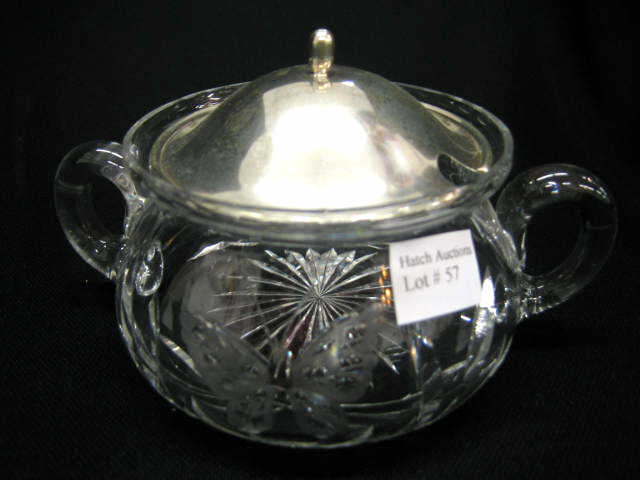 Appraisal: Sterling Silver Cut Crystal Honey Pot butterfly decor