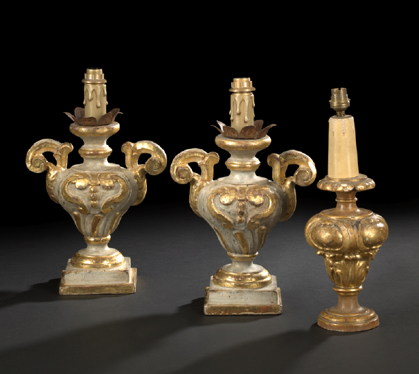 Appraisal: Pair of Italian Carved Gris-de-Trianon-Painted and Parcel-Gilt Pricket Candlesticks in