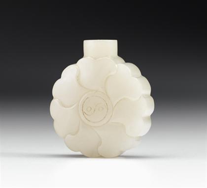 Appraisal: Chinese white jade snuff bottle th century Of flattened lotus