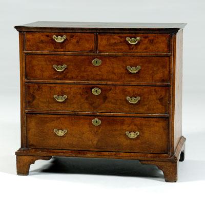 Appraisal: Queen Anne burlwood chest dovetailed construction with five side-hung drawers