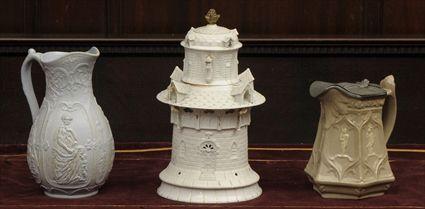 Appraisal: CONTINENTAL BISCUIT PORCELAIN TOWER-FORM VEILLEUSE AND TWO STONEWARE JUGS The