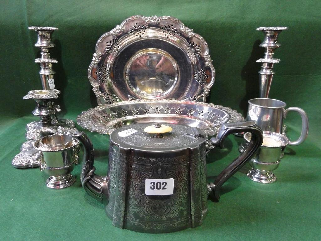 Appraisal: A collection of silver plated wares including candelabras trays baskets