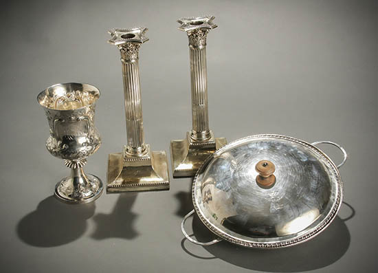 Appraisal: George III Silver Covered Vegetable Dish a Pair of Victorian