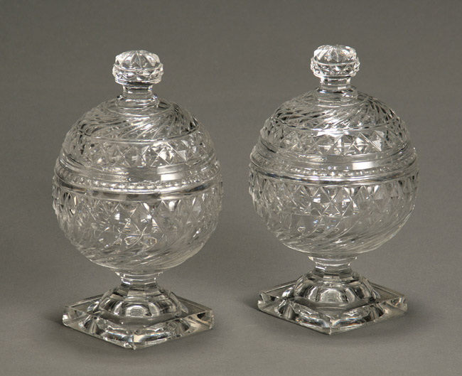 Appraisal: Pair of George III Cut Glass Covered Jam Jars Circa