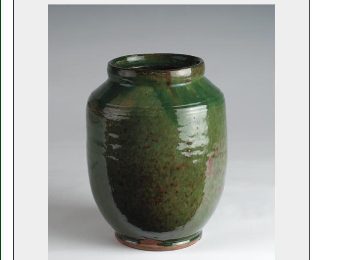 Appraisal: BRISTOL COUNTY MASSACHUSETTS GREEN-GLAZED REDWARE STORAGE JAR - Of cylindrical