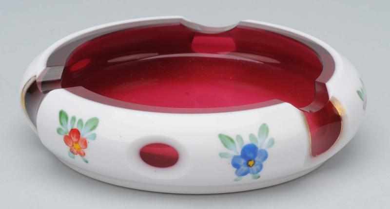 Appraisal: White Cased Cut to Cranberry Bohemian Ashtray Description With gilding