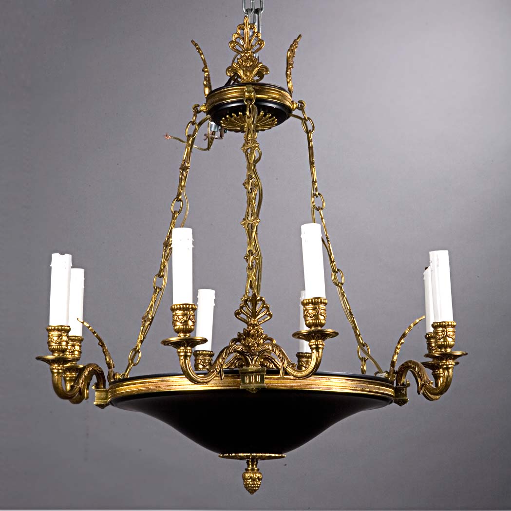 Appraisal: Empire Style Gilt and Patinated-Metal Eight-Light Chandelier Height inches diameter