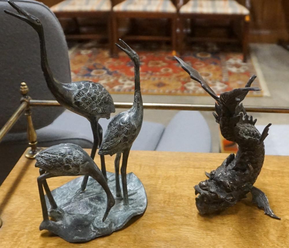 Appraisal: CHINESE METAL FIGURES OF CRANES AND DRAGON FISH H OF