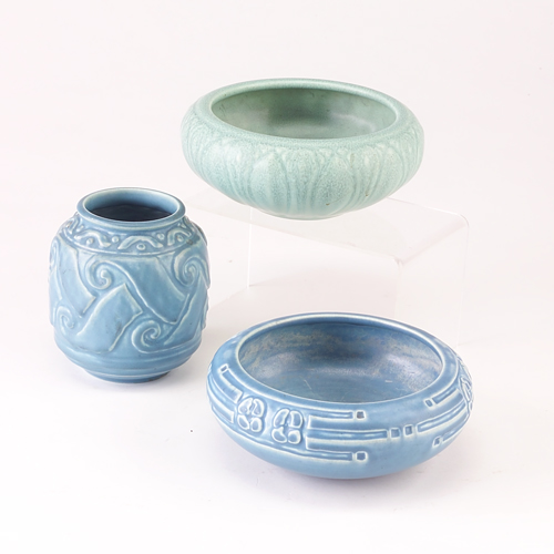 Appraisal: ROOKWOOD Three Production pieces in matte blue glazes two low