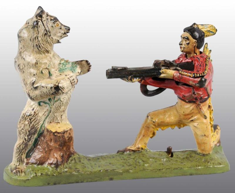 Appraisal: Cast Iron Indian Shooting Bear Mechanical Bank Description Manufactured by