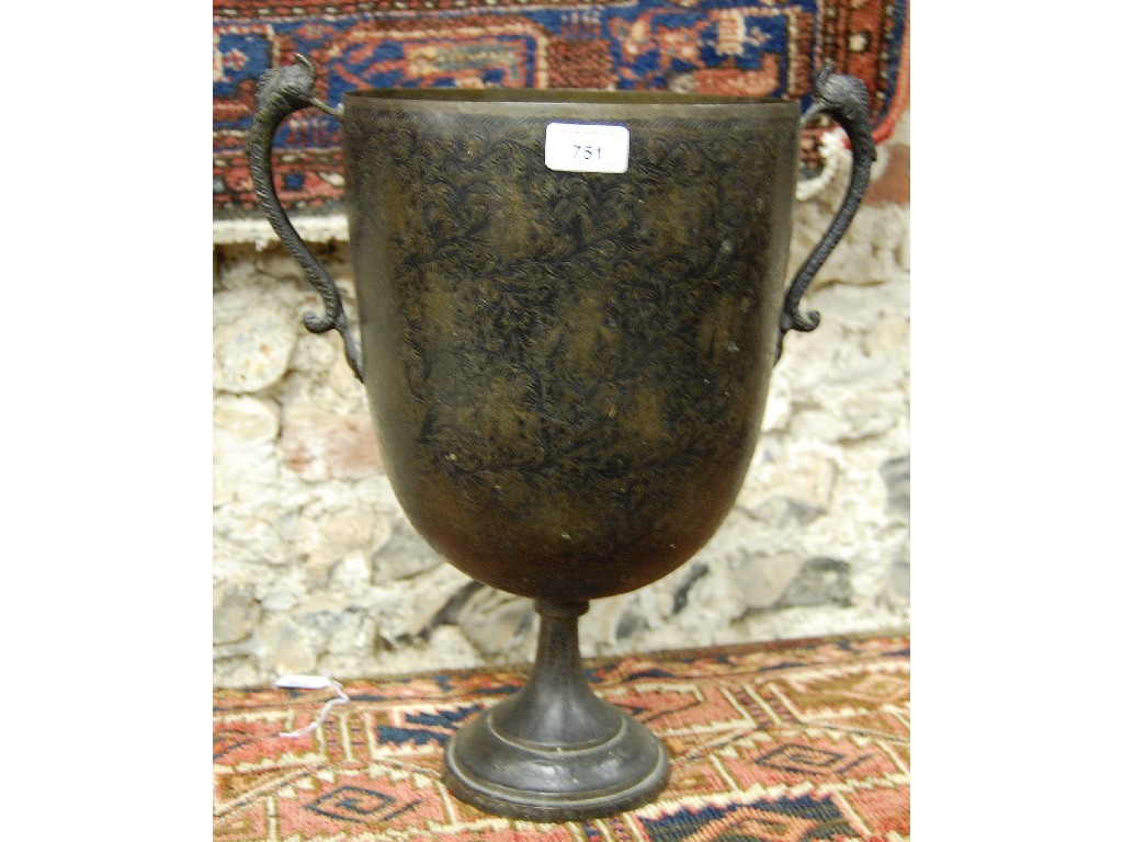 Appraisal: Benares style large two-handled stemmed cup with foliate decoration