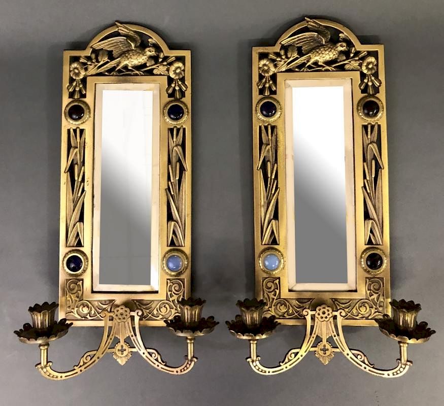 Appraisal: Pair of Brass Mirrored Wall Sconces Pair of brass mirrored