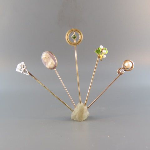 Appraisal: Gold Stickpins includes diamond pearl peridot enameled hardstone cameo k