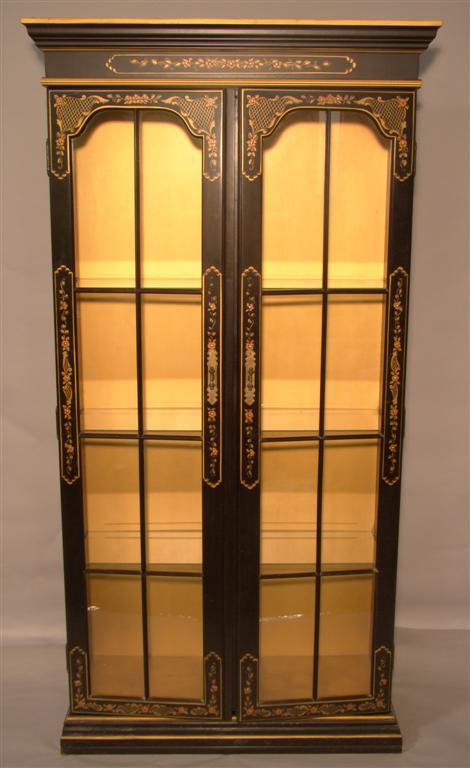 Appraisal: CHINOSERIE STYLE BLACK PAINTED TWO DOOR DISPLAY CABINET The rectangular