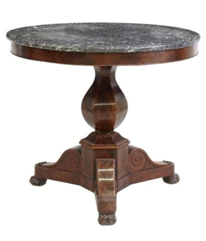 Appraisal: French Empire mahogany pedestal table th c dished marble top