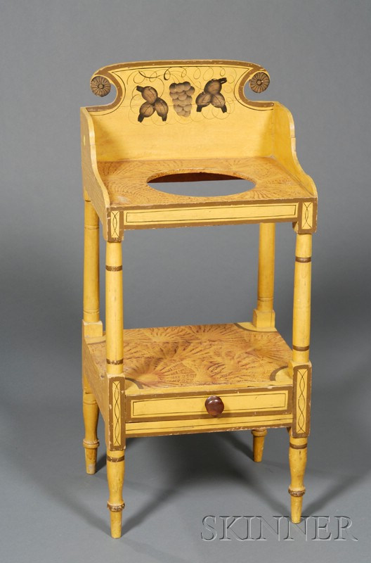 Appraisal: American Classical Stencil-decorated and Faux-grained Washstand c with scrolled splashboard