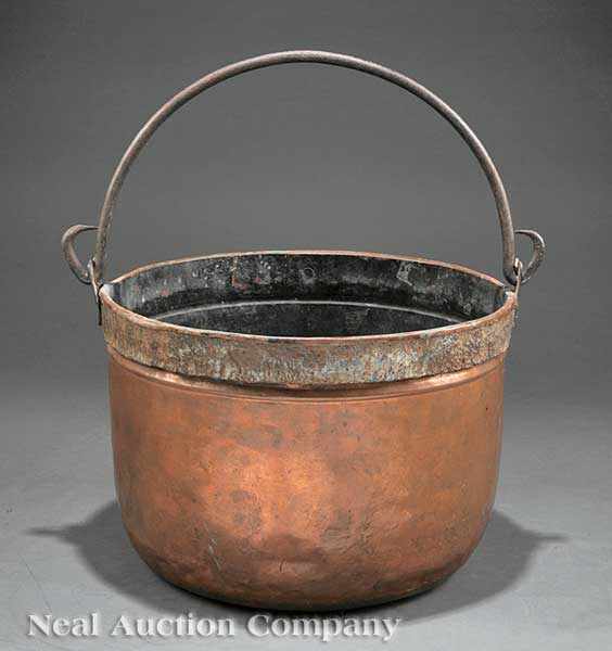 Appraisal: A Large American Copper Bucket th c with wrought iron