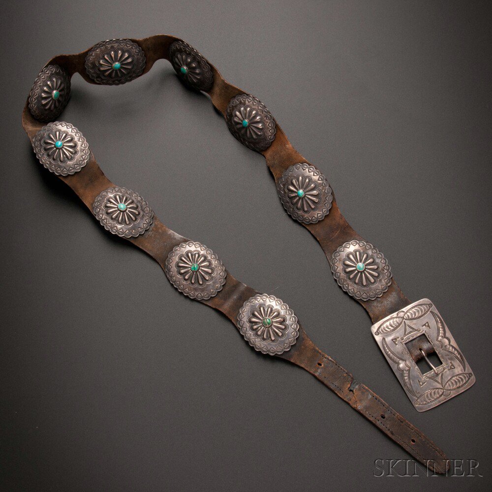 Appraisal: Navajo Concha Belt with stamped and repousse rectangular buckle and