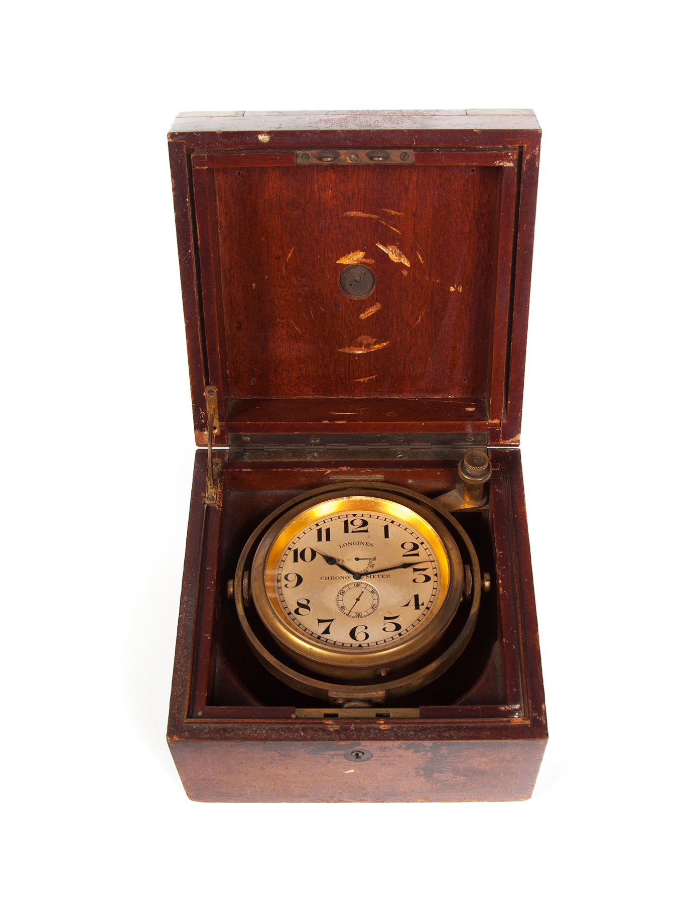 Appraisal: LONGINES BOXED CHRONOMETER Swiss th century mahogany Brass fixtures and