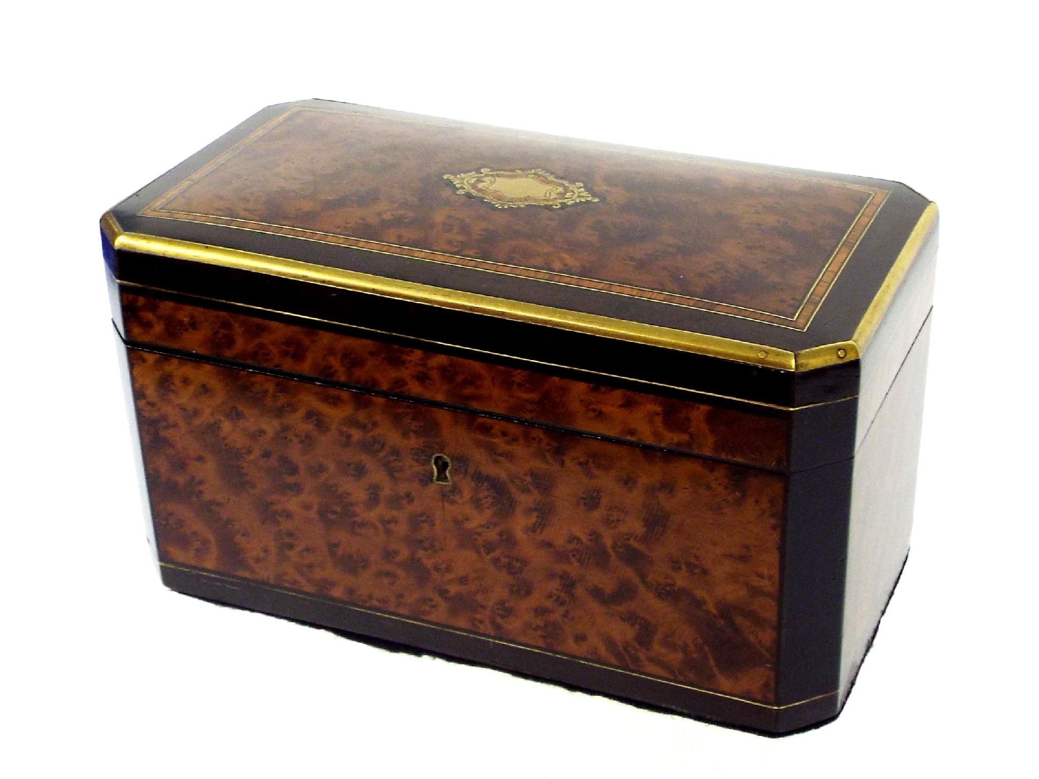 Appraisal: th century burr yew brass bound tea caddy of rectangular